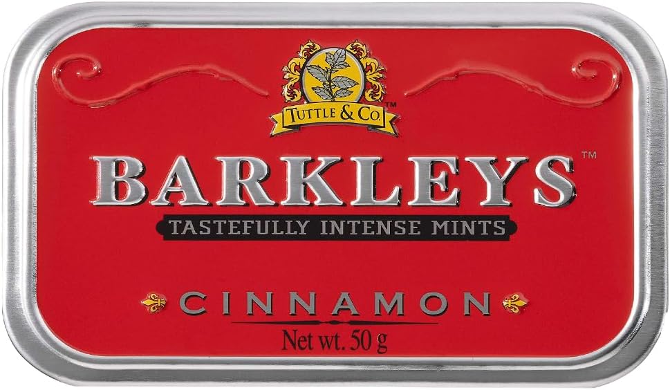 Barkleys Cinnamon Breath Mints -Strong Cool Mint Flavor- Cinnamon Candy, Dry Mouth Mints,- Breath Freshener, After Dinner Mints In Reusable Classic Travel Tins -Cinnamon Mints, Vegan, 50-count, 1-Pack