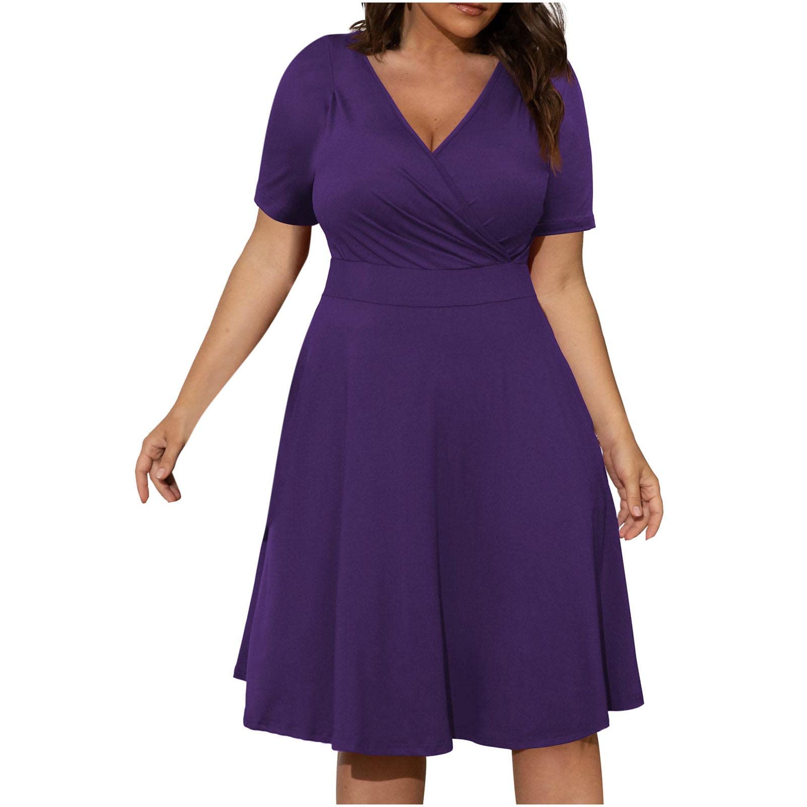 Generic Vestidos de manga corta para mujer, ajuste holgado, vestidos de talla grande para mujer, cuello en V, lisos, vestidos de otoño y verano 2024