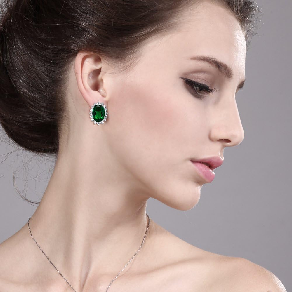 Gem Stone King 15.00 Cttw Blue Simulated Sapphire or Green Simulated Emerald or Red Created Ruby Halo Earrings For Women In 925 Sterling Silver | Oval 14X10MM