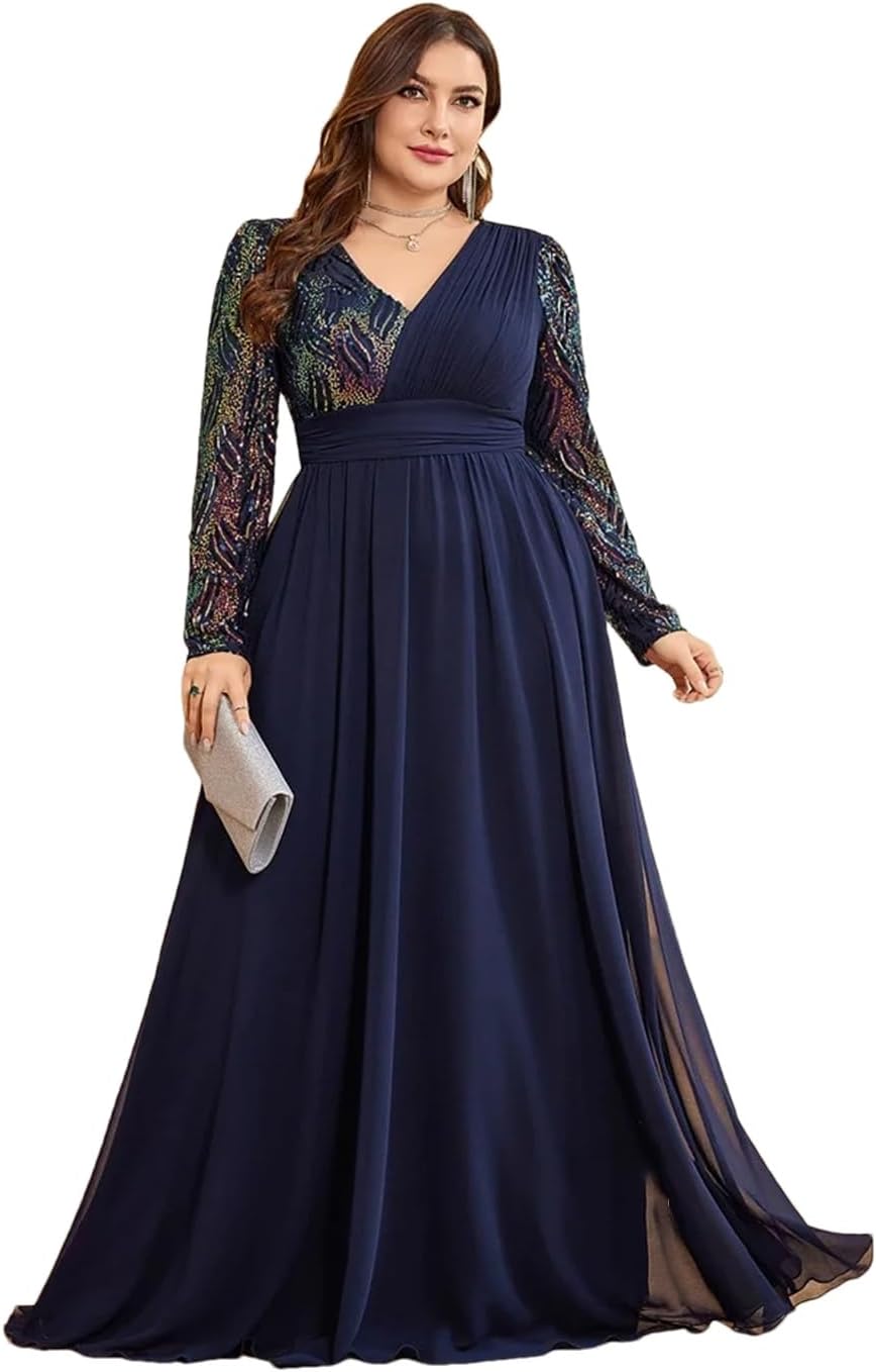 Plus Size Chiffon Long Sleeve Evening Dresses Women Sequin Blue Wedding Party Cocktail Prom Floor Length Gowns