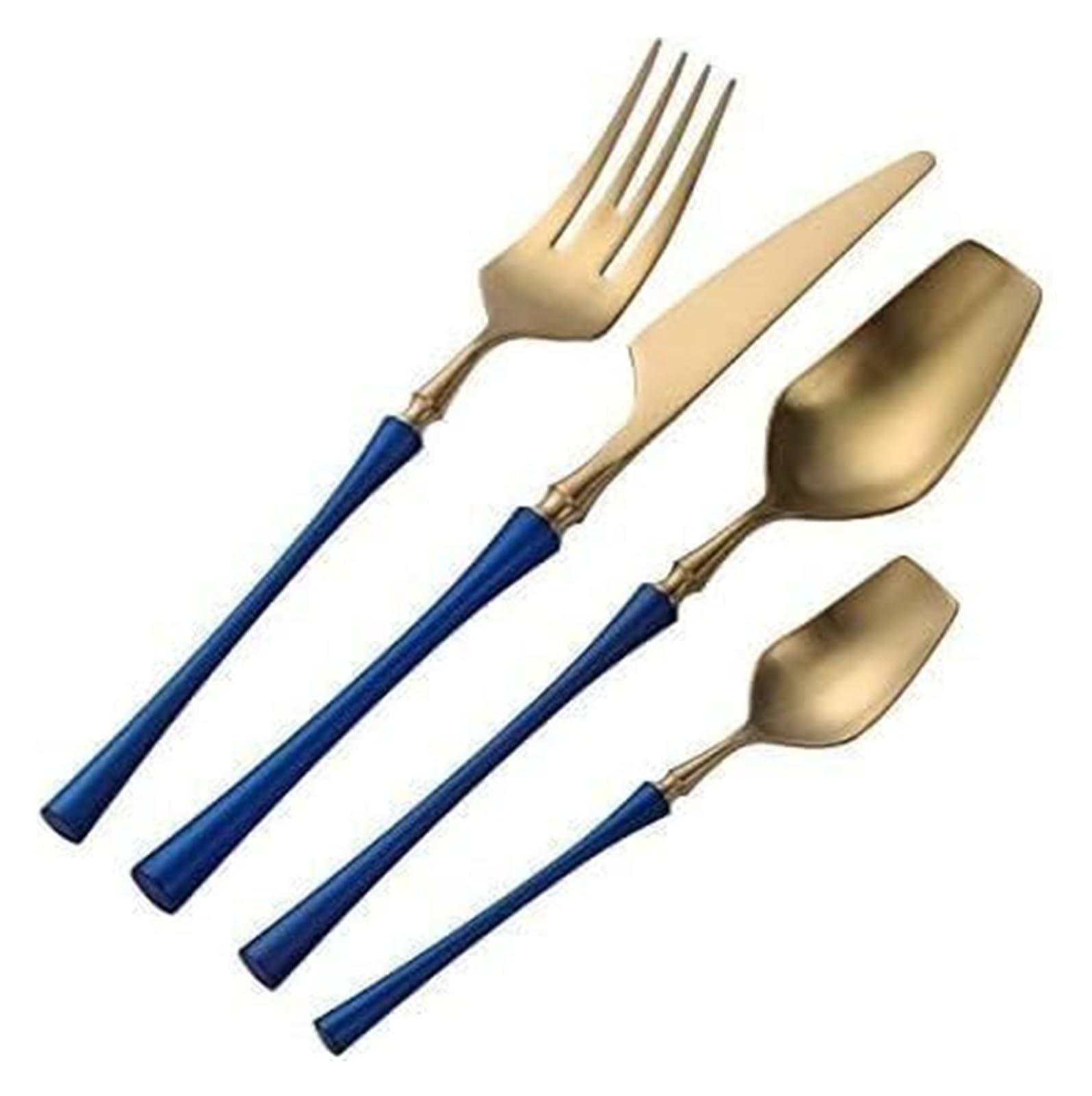 Cucharas-tenedor de acero inoxidable, juego de platos, cubiertos, juego de 4 piezas de acero inoxidable 304 con diseño creativo (cuchillo, tenedor y cuchara), vajilla estilo occidental, azul y dorado.
