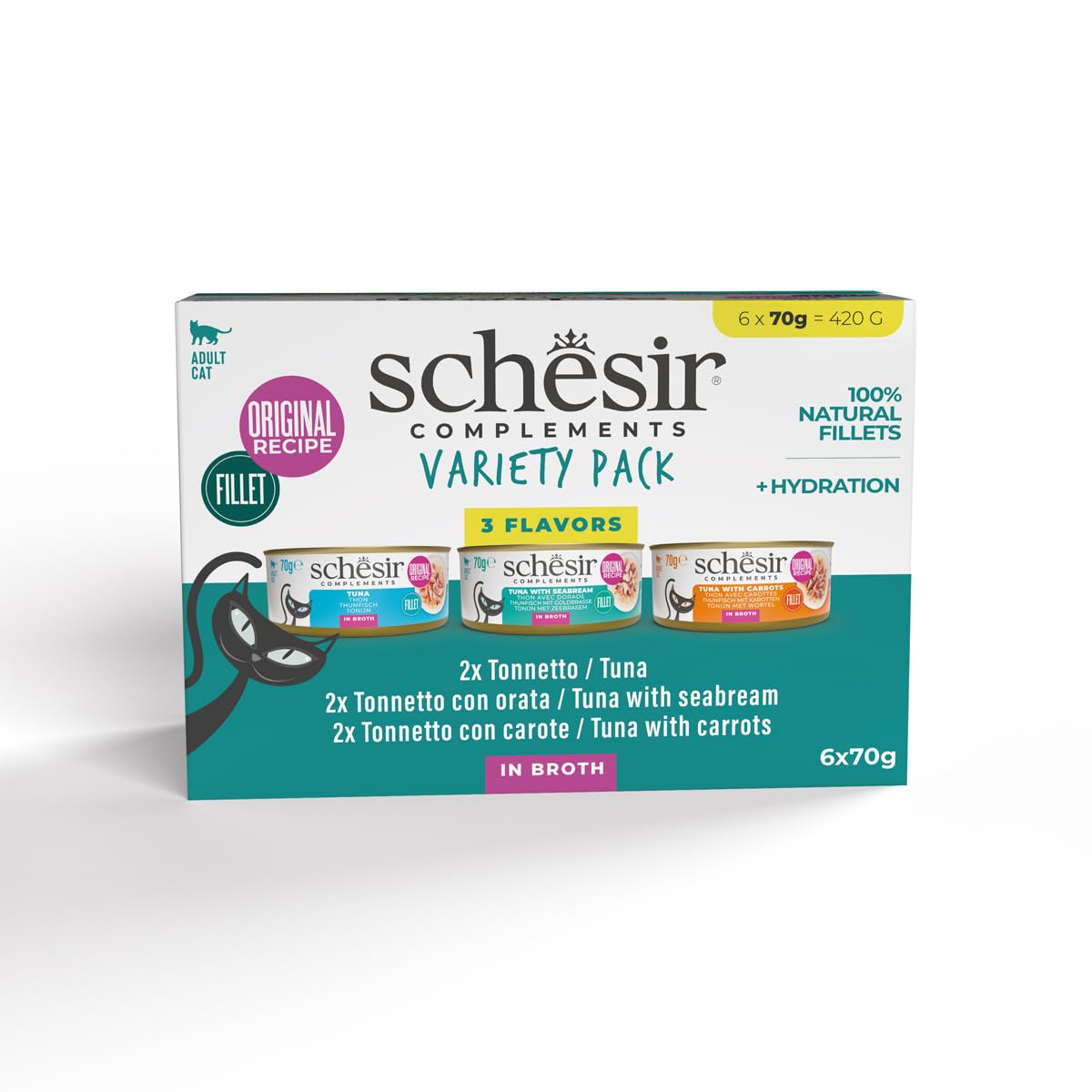 Schesir, Variety Pack, Alimento Húmedo para Gatos, en Caldo, con Vitaminas Añadidas, 100% Filetes Naturales, 6 latas de 70 g