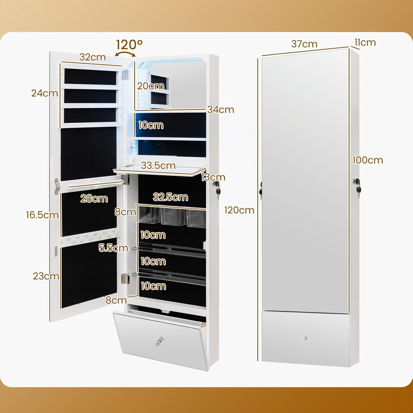 HOMASIS Hängeschrank für Schmuck, Schmuckschrank mit Spiegel und Schloss mit LED-Beleuchtung, 3 Farben, Schminkschrank mit klappbarem Regal, Wandschrank, 120 x 37 x 11 cm, Weiß