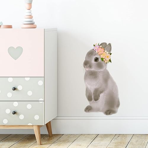 Calcomanía de pared de conejo gris con flores, para guardería, conejo, animal, extraíble, despegar y pegar, impermeable, decoración de pared para