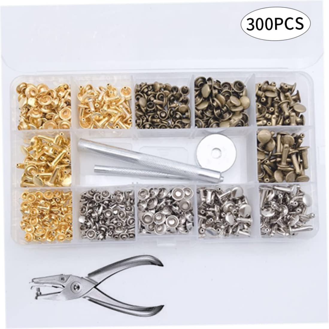 MILEVO Juego de botones y remaches de cuero, 300 unidades/juego de pernos de metal tubulares de doble tapa con alicates perforadores, remaches de cuero de 12 mm/8 mm/6 mm para ropa de bricolaje