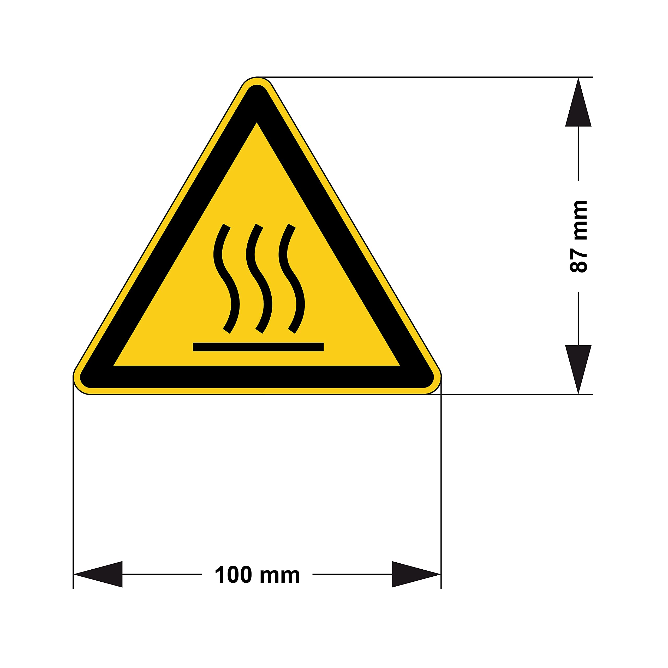 Vsafety Warnschild 'Caution Hot Surface' – 100x100mm, Selbstklebend, Schwarz/gelb, EN ISO 7010 Konform