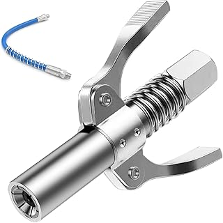 Gute Double Handle Grease Gun Coupler, 10000 PSI Duty Grease Tips Quick Lock and Release Grease Coupler with 12" Spring Flex Hose,Compatible with All Grease Guns 1/8" NPT Ends,1PC