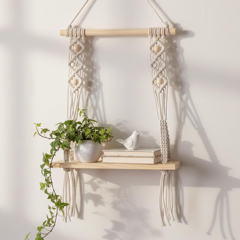 Decazone ® Macrame Wall Hanging Shelf Wood Floating Shelves with Wooden Dowel Modern Chic Woven Decor for Dorm Living Room Nursery Beige 55 x 43 cm (Wall Decor)-image-12