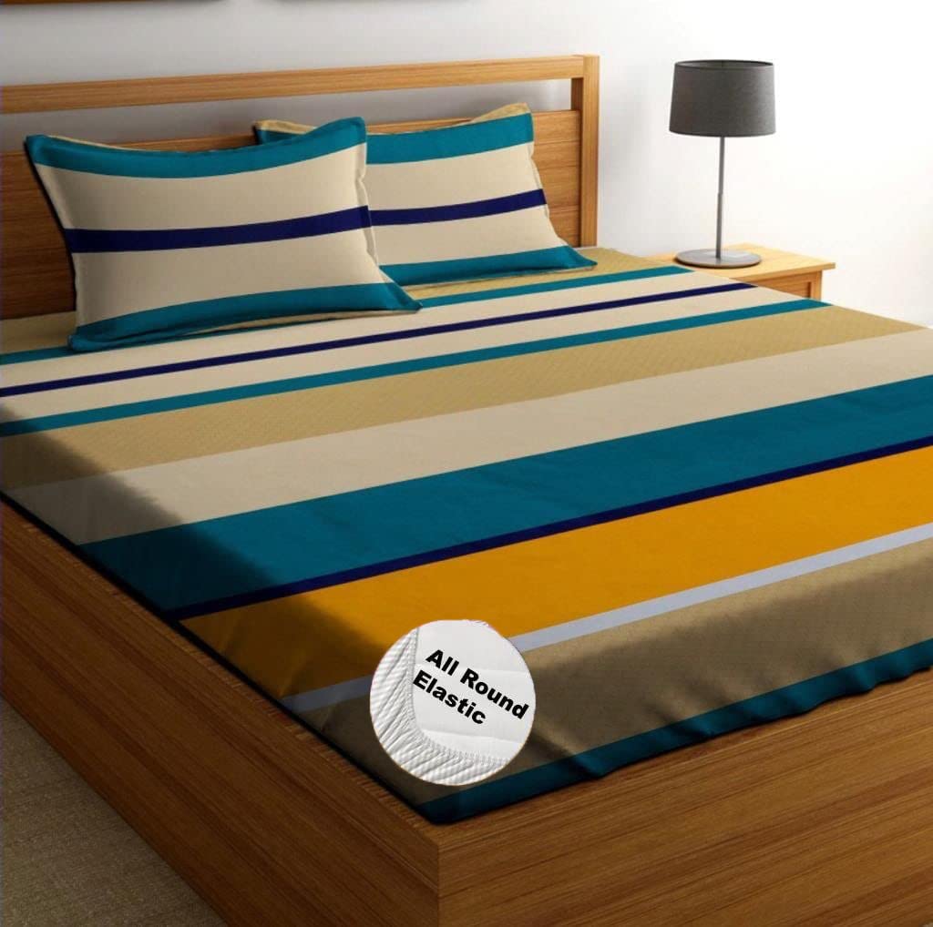FITZY 300 TC Cotton Feel All Around Elastic Fitted Glace Printed King Size Double Bed Bedsheet with 2 Large Pillow Covers Fits Upto Mattress of 8 Inches,Size - 72 x 78 x 10 Inches,MULTICOLOR