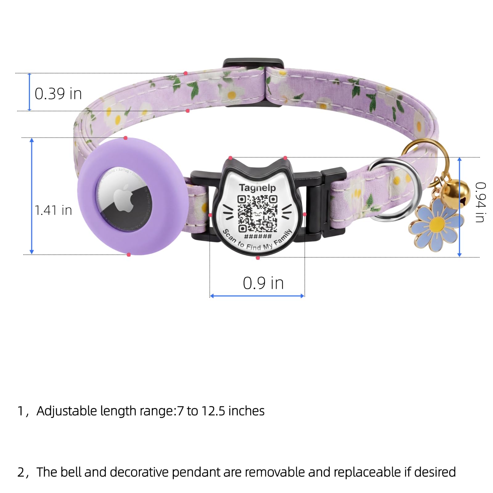 Smart Breakaway Katzenhalsband mit QR-Code, integrierter AirTag-Halter, verstellbares Baumwoll-Katzenhalsband mit Glocke für Kätzchen und erwachsene Katzen, ländlicher Stil mit Airtag-Halter (lila)