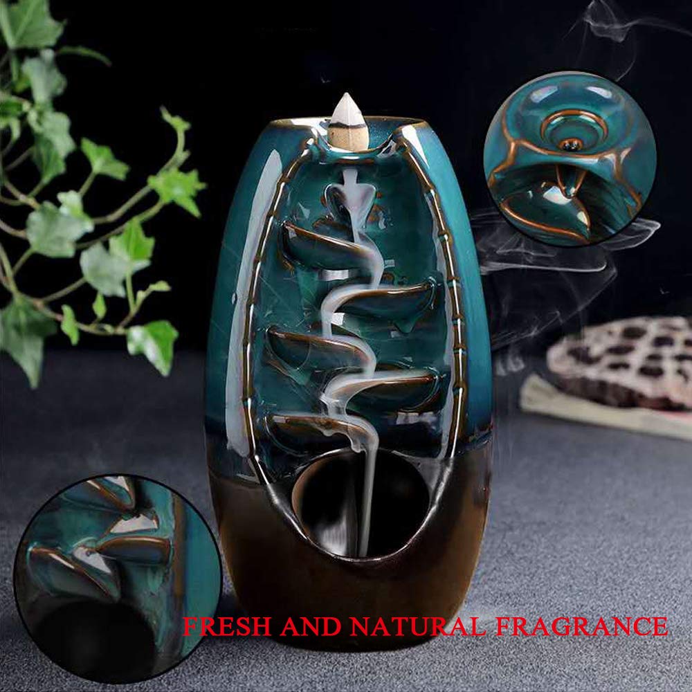 Bruciatore incenso riflusso, ornamenti di incensiere a cascata, decorazioni in ceramica blu aromaterapia, decorazioni per la casa in stile retrò, con 40 tubi di incenso + 1 cuscino + 1 pinzetta
