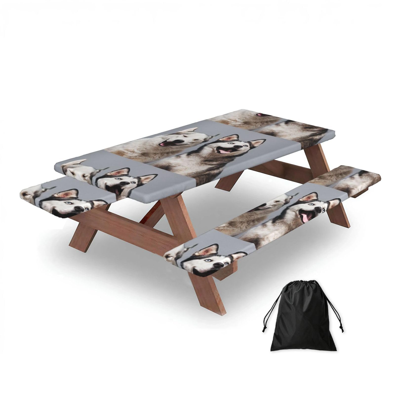 Dopklna As Picture Husky Printing, Picnic Table Cover With Bench Covers -Waterproof Elastic Fitted Tablecloth For Garden Camping Patio 76X152cm