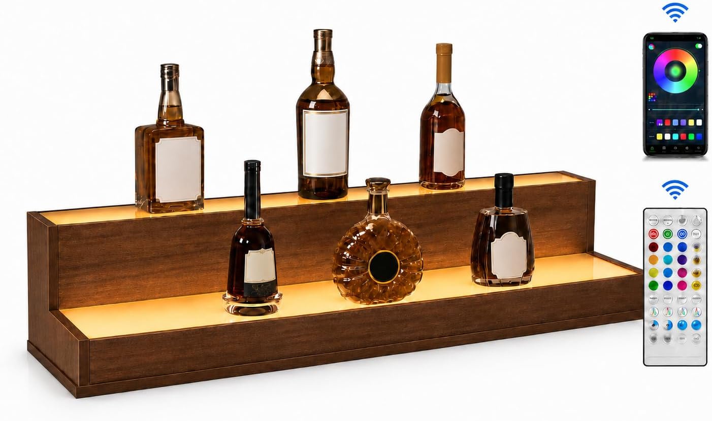 LED Liquor Bottle Display Shelf, Smart App & Remote Control, 20-37" Lighted Bar Shelf, Color Changing Alcohol Stand, Wine Stair Bottle Glorifier for Home Bar & Party (Walnut,2-Tier Long)