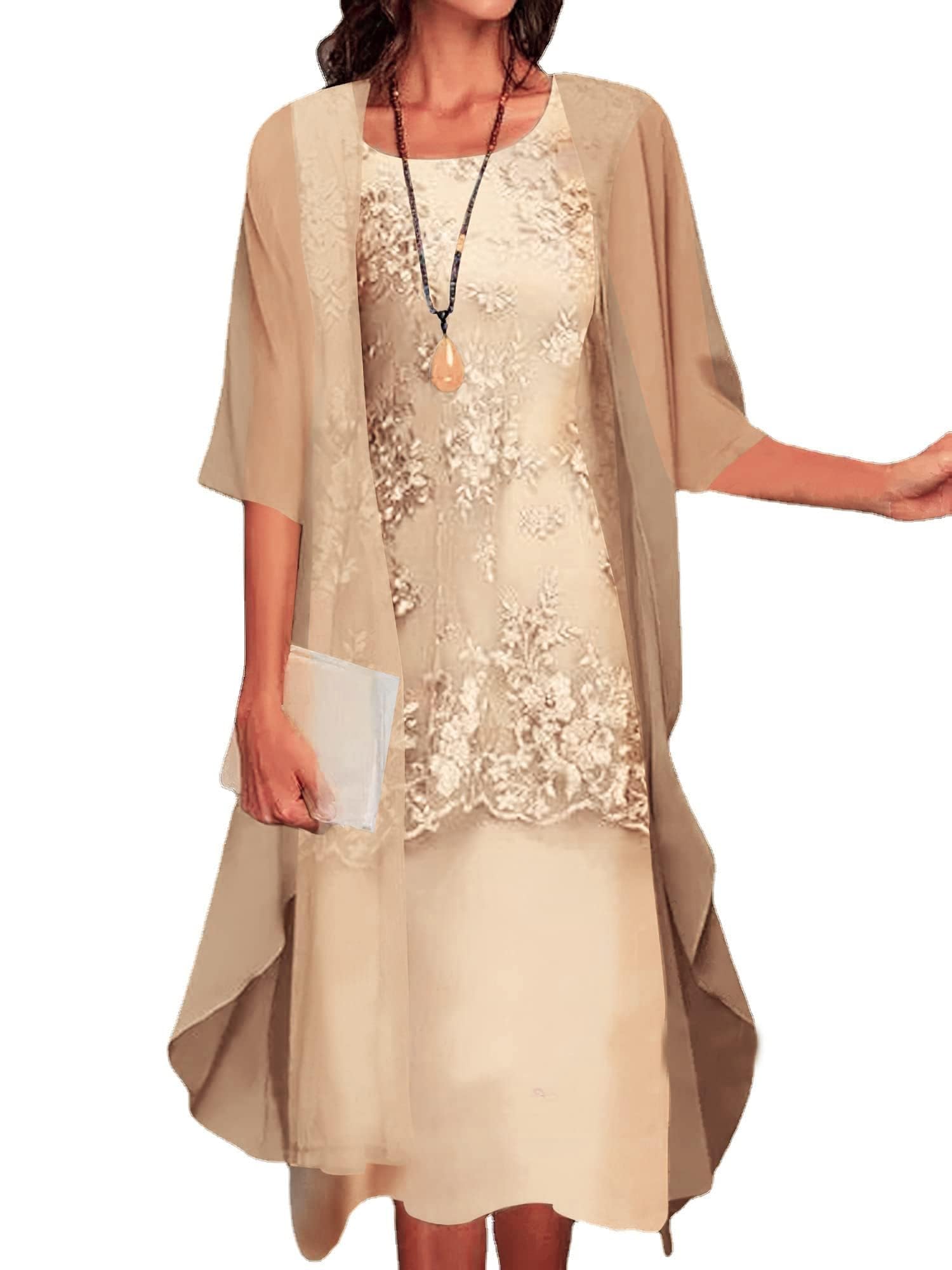SOMOU Two-Piece Set Maxi Dress for Womens Flowy Chiffon Cardigan Wedding Guest Floral Print Midi Dresses with Lace Jacket, 3X-Large, Apricot