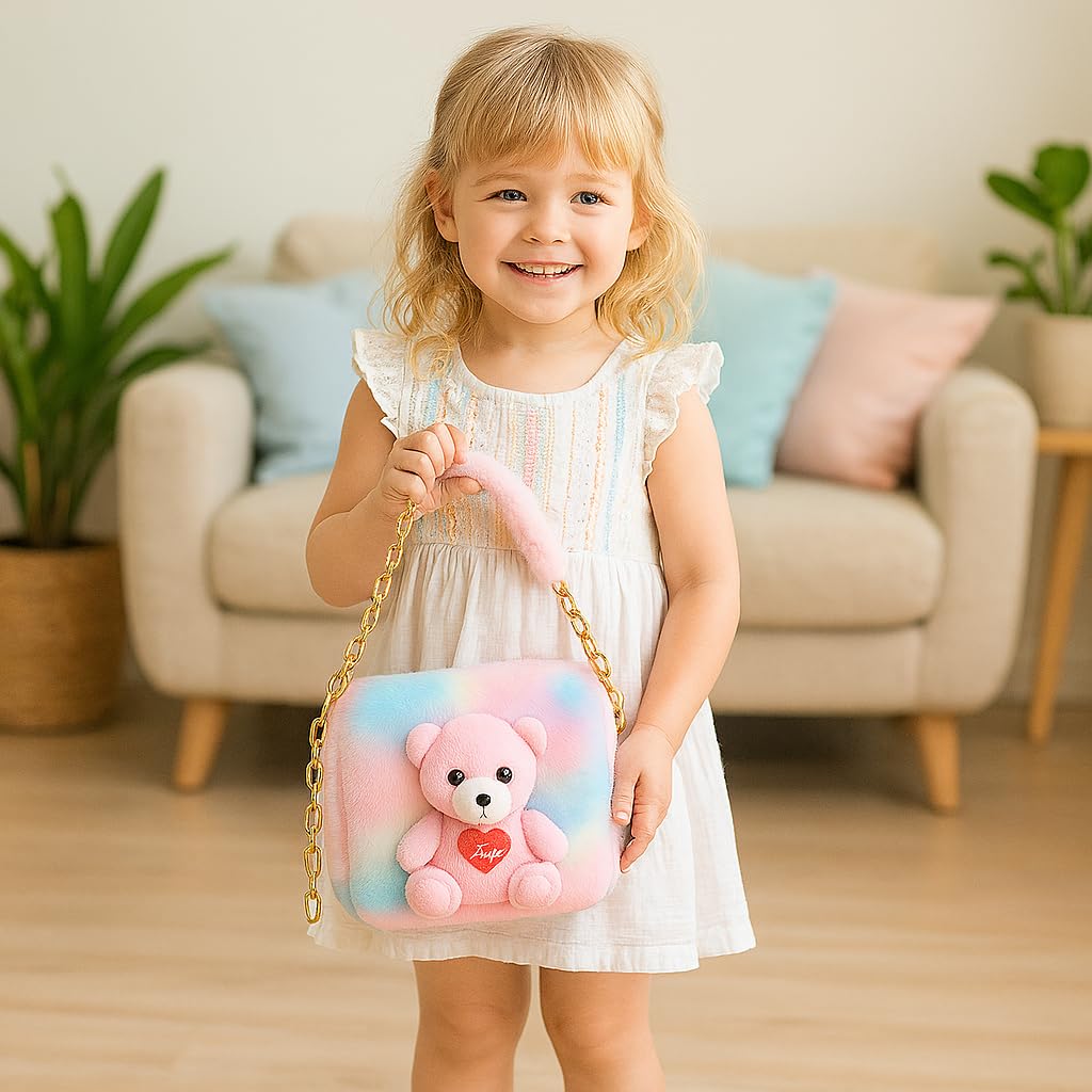 CULT FACTORY Girls Sling Bag Cute Sling Bag Combo for Kids Teddy Slingbag Mini Handbag Combo Fur Toy Bag (Pink) 1