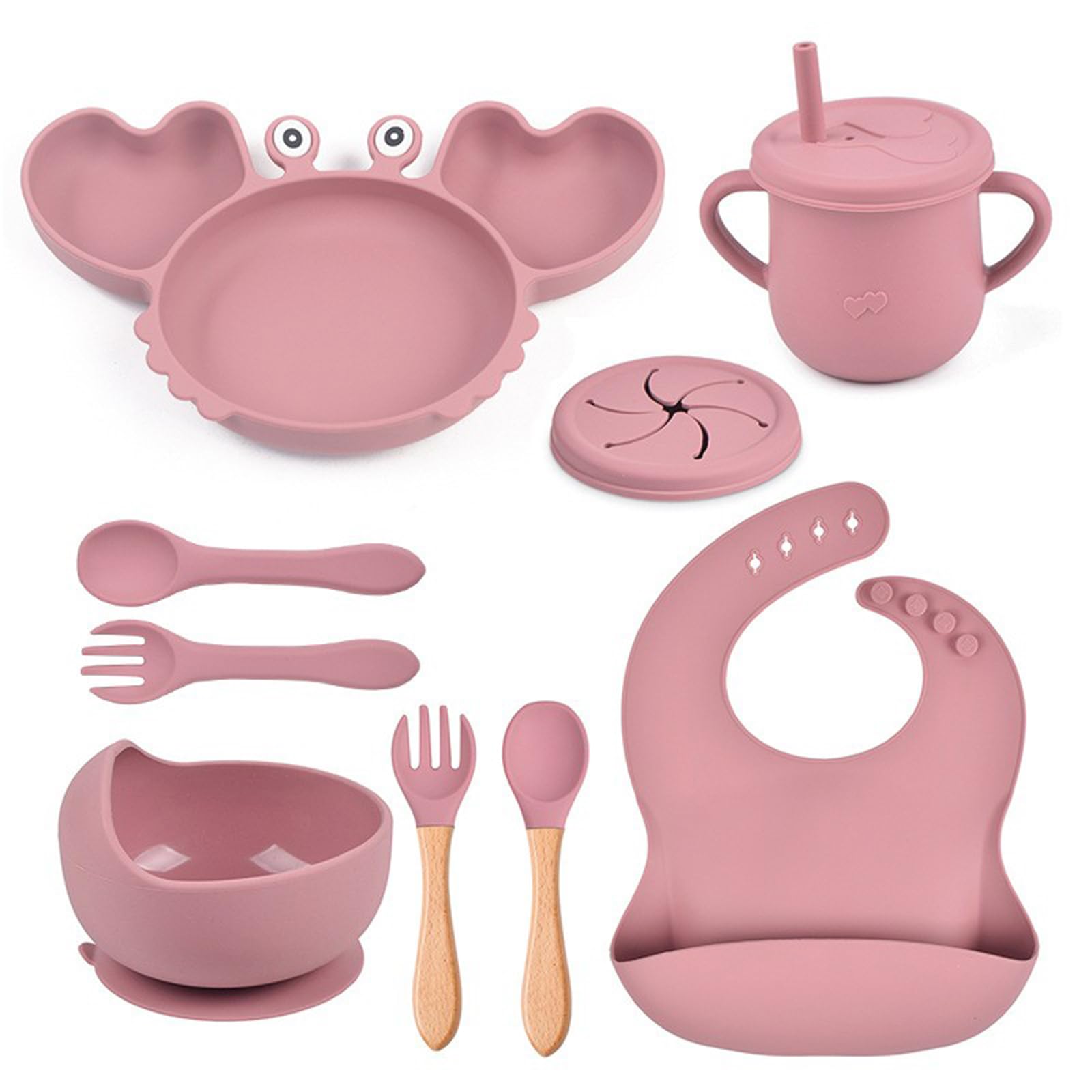 Andgogo Baby Feeding Set, 9Pcs Silicone Baby Tableware Set with Suction Bowl, Divided Plate, Spoon and Fork Adjustable Bib Food Grade, Baby Weaning Set
