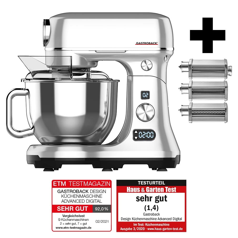 GASTROBACK Design Küchenmaschine Advanced Digital 20-teilig – Mit 5L Edelstahl, Keramik Rührschüssel, Doppelknethaken & Fleischwolfaufsatz 600W, Premium Food Processor für Pasta, Brot & Mehr