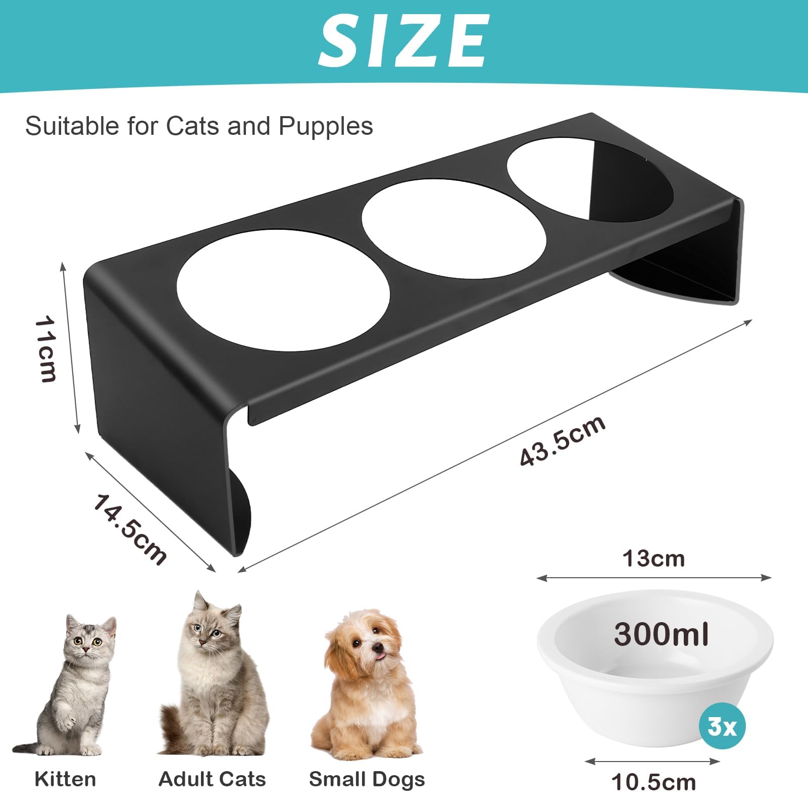 Comedero de cerámica for Gatos con Soporte metálico Inclinado a 15°. Juego alimentación y Agua for Perros, Color Negro