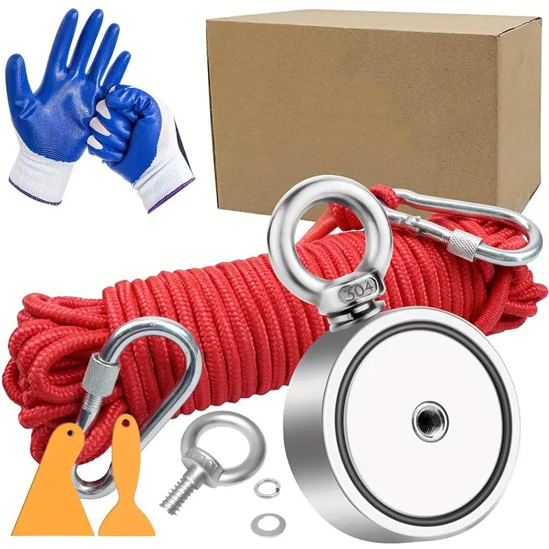SEDLAV Fishing Magnet Kit – Strong Treasure Hunting & Salvage Magnet with Rope, Gloves & Storage Bag – Fishing Gear Set with Claw and 32.8ft Rope for River & Lake Retrieval (48mm)