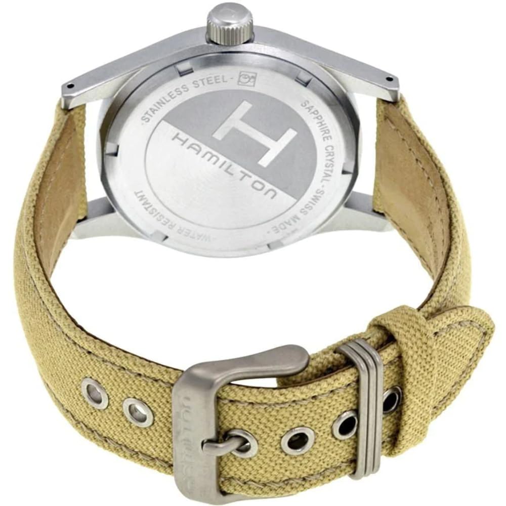 Hamilton Watch Khaki Field Mechanical | Swiss Made | 38mm Stainless Steel Case | Black Dial Analog Watch | Beige Canvas Strap (Model: H69439933)