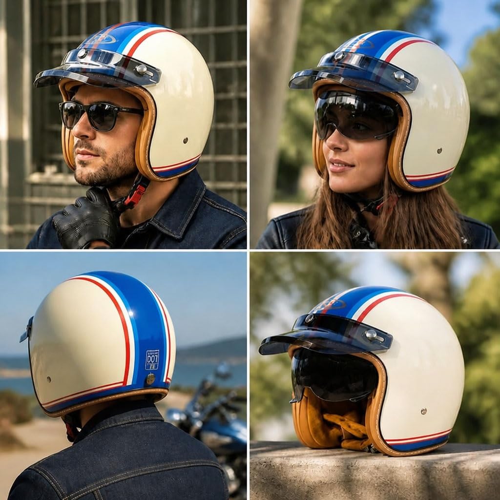 Casco Moto Jet Retro Omologato ECE con Visiera Parasole Sgancio Rapido, Casco Scooter 3/4 Vintage Interni Lavabili per Cafe Racer Custom Cruiser Uomo