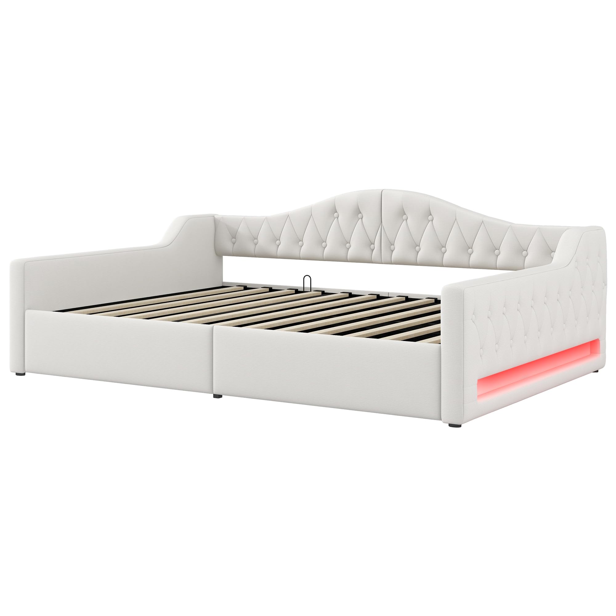 Divano Letto Imbottito 140x200cm, Letto Matrimoniale con illuminazione a LED e Contenitore Idraulico, Rete a doghe, Sofa Bed Beige(Senza materasso)