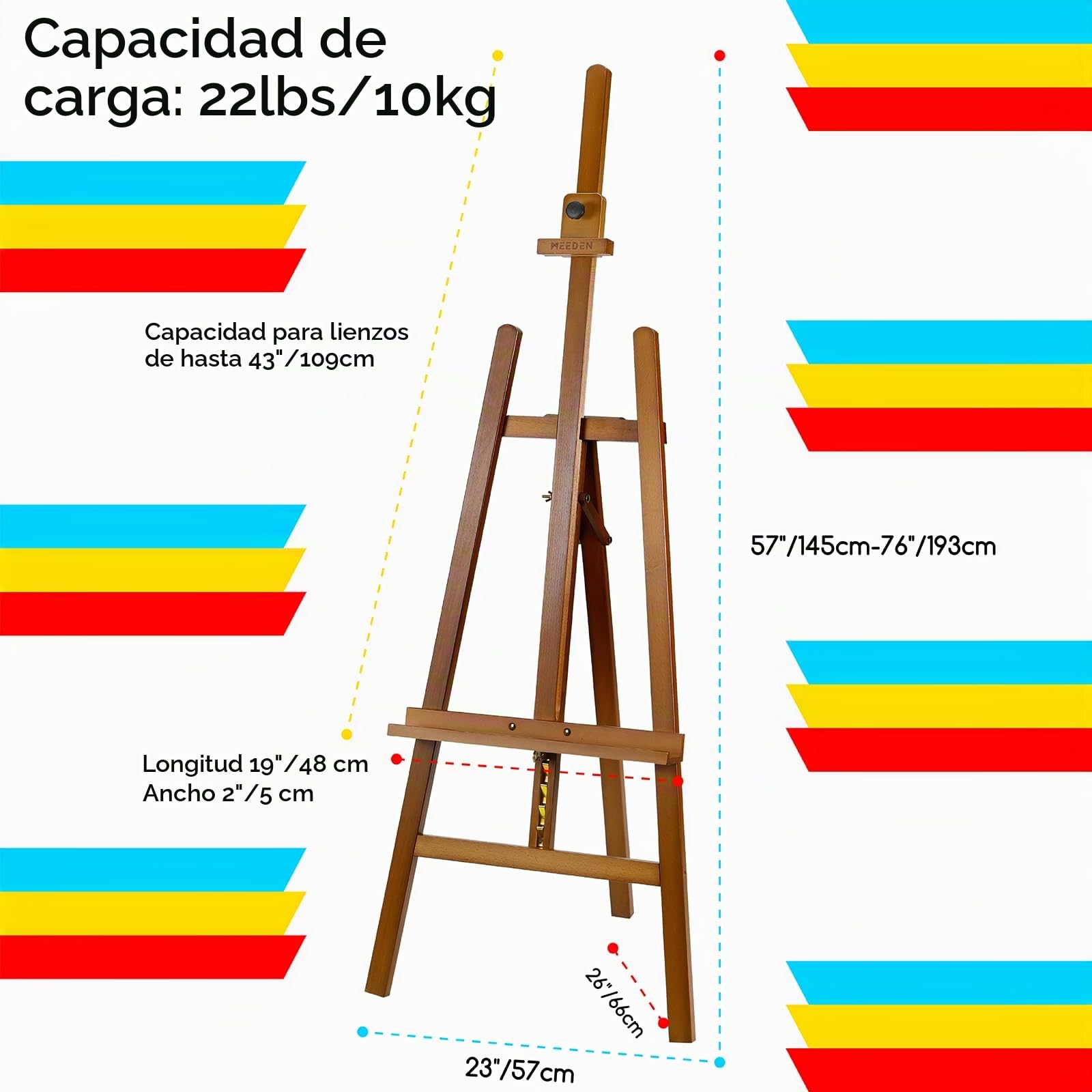 MEEDEN Caballete de Arte en Madera Para Pintura: Caballete de Exhibición de Madera de Haya Maciza Soporta Lienzo Hasta 110 cm - Caballete Ajustable de 145-193 cm para Adultos Estudiantes - Nogal
