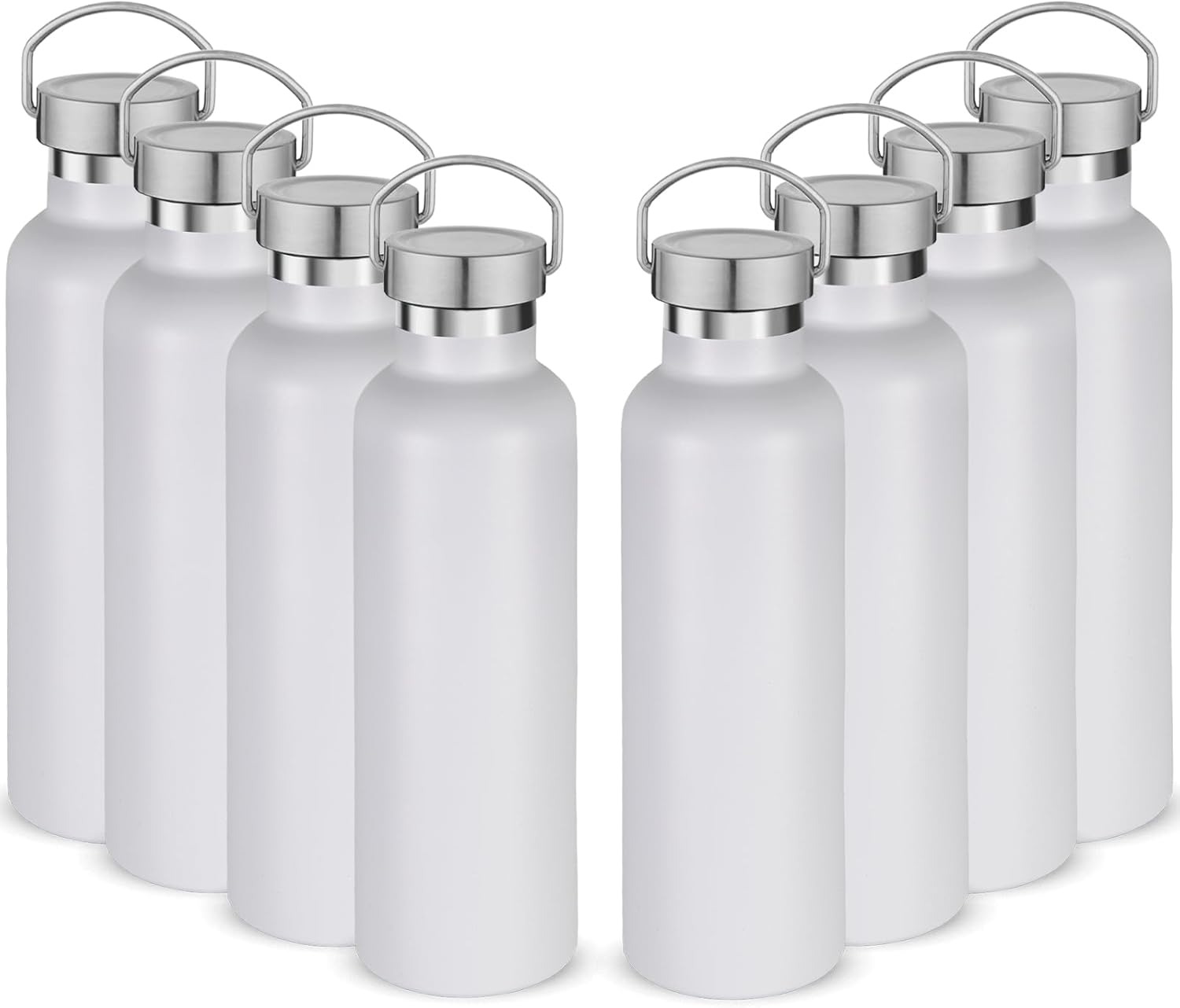 Volhoply 24oz Insulated Standard Mouth Water Bottle with Plastic & Stainless Steel Combination Lid Bulk 8 Pack, 304 18/8 Double Wall Vacuum Insulated Water Bottles, Reusable Metal Flask(White,8)