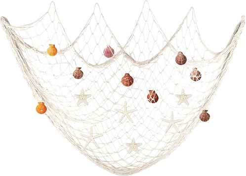 Fangoo 79x39 Inch Nautical Fishing Net Wall Decorations for Under the Sea Party with Shells and Starfish Crafts Bathroom Ceiling Table Decor for Beach Ocean Pirate Wedding Themed Party beige