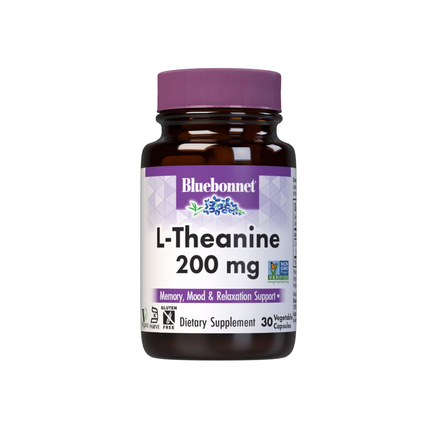 BlueBonnet Nutrition L-Theanine 200 mg, 30 Vegetable Capsules 30 Count (Pack of 1)