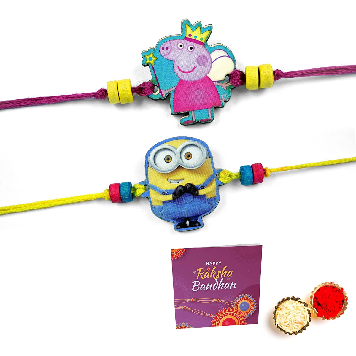 Mitansh- Cartoon Pig Rakhi for brother kids with Roli Chawal Best Wishes Greeting Card, Pink