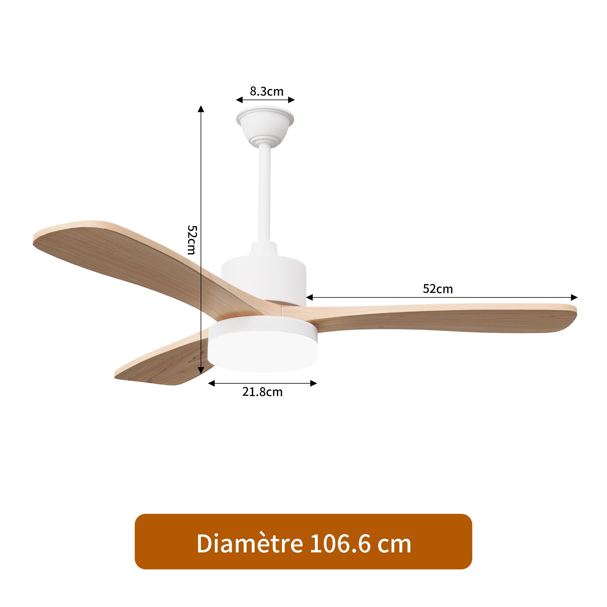 Ventilador de techo con luz y mando a distancia 106 cm, grano de madera