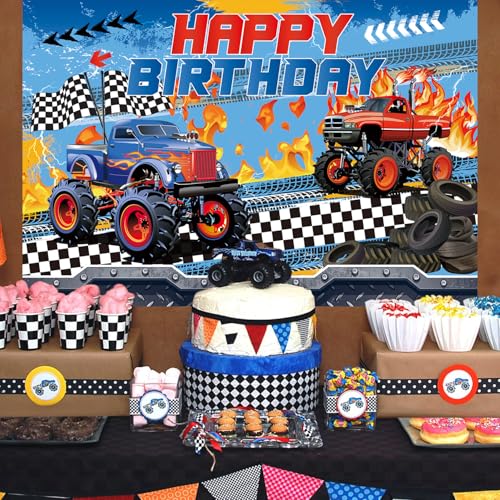 Image of Monster Truck Party Decorations, Monster Truck Birthday Party Backdrop Supplies, Monster Truck Happy Birthday Backdrop for Kids Birthday Party Decoration