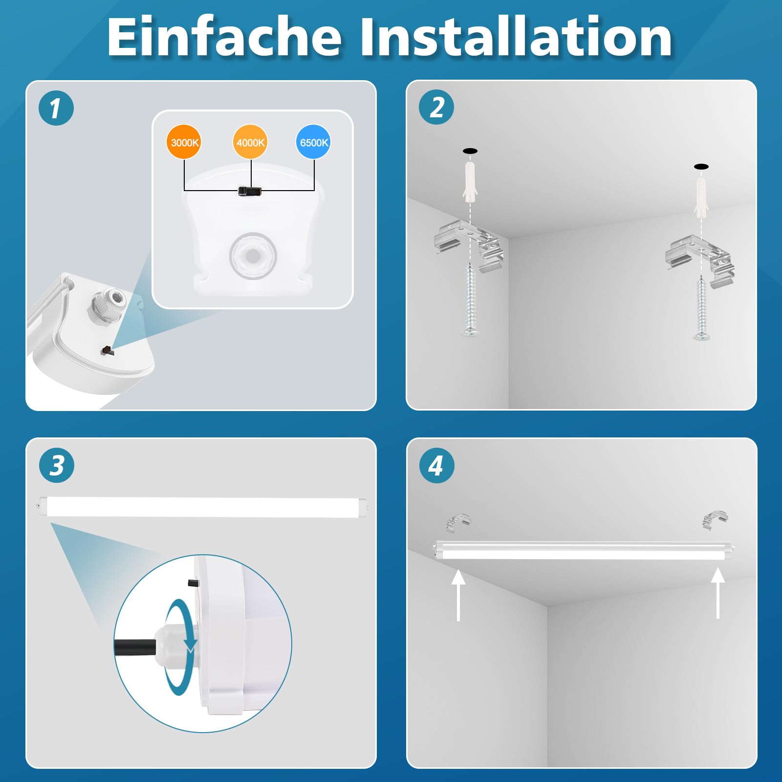 Feuchtraumleuchte LED 150CM, 48W 5280LM LED Feuchtraumlampe, Verknüpfbar 3000K/4000K/6500K Deckenleuchte Röhre, IP65 Wasserfest Lampe Lichtleiste für Werkstattlampe Kellerlampe, 2 Stücke