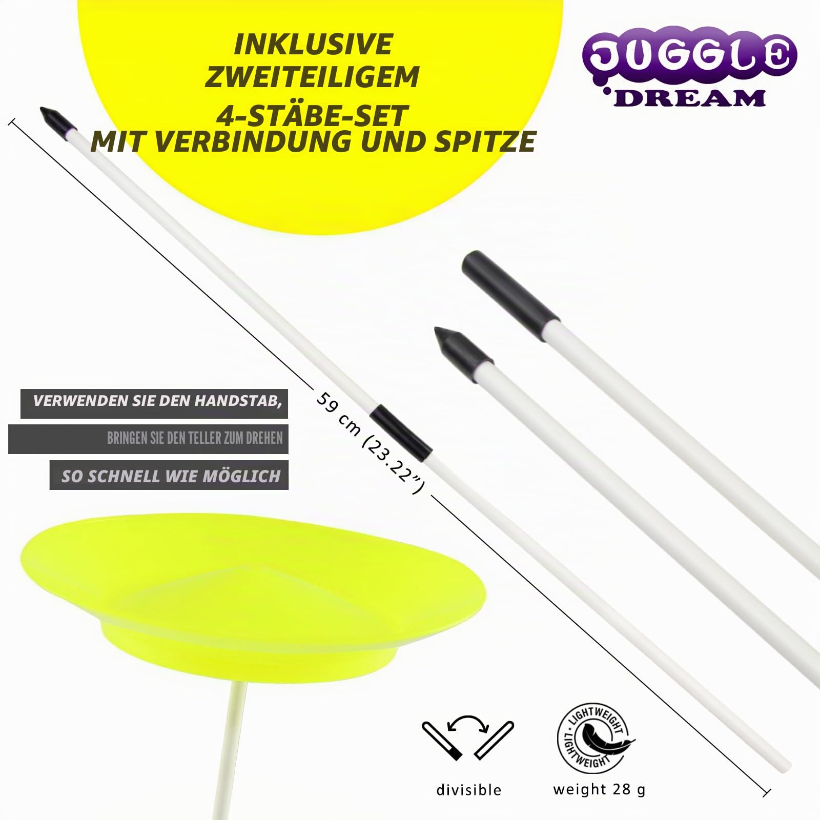 Juggle Dream Satz von 4 Drehteller Jonglierteller mit 4 teilbare Handstäbe Klassische Zirkusdrehteller für Kinder und Erwachsene Spinnplatten