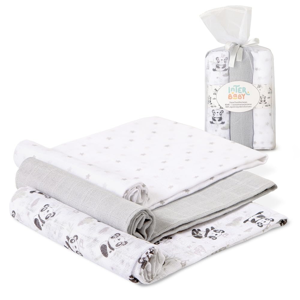 Interbaby Muselinas Bebe Algodon 80x80cm | Pack 3 Gasas para Bebes Recien Nacidos, Lactancia, Toalla, Manta | Muselinas Bebe Cómoda, Suave, Transpirable | Diseño Paracaidista Gris — view 14
