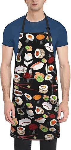 ASEELO Delantal negro de sushi japonés con bolsillo delantal de cocina impermeable para hombres y mujeres Sushi japonés negro