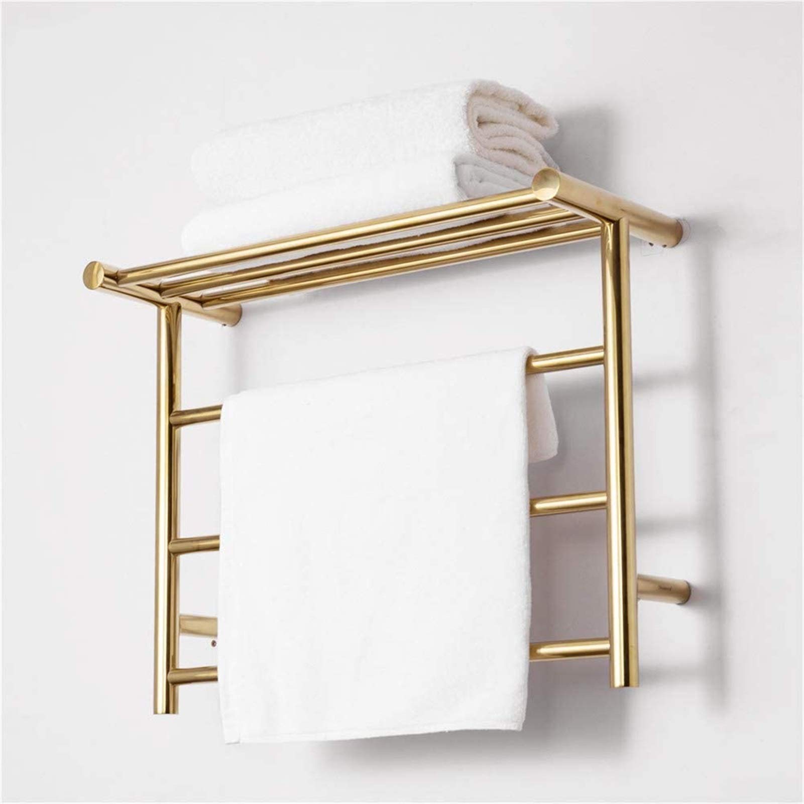 MSUDGH Bathroom Wall Heater Wall Mounted Towel Warmer, Gold Towel Warmer and Drying Rack with Top Shelf, Electric Towel Rack for Bathroom, Hard Wire Hot Towel Rack