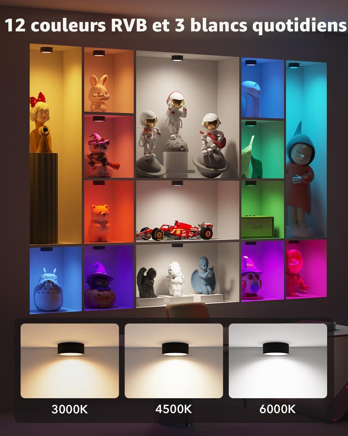 2400mAh Lampe Vitrine Télécommande, Spot LED Placard Rechargeable | USB, RGB, Minuterie, Autocollant, Magnétique Batterie de Eclairage Cuisine Sous Meuble Sans Fil Pile pour, Armoire, Etagère