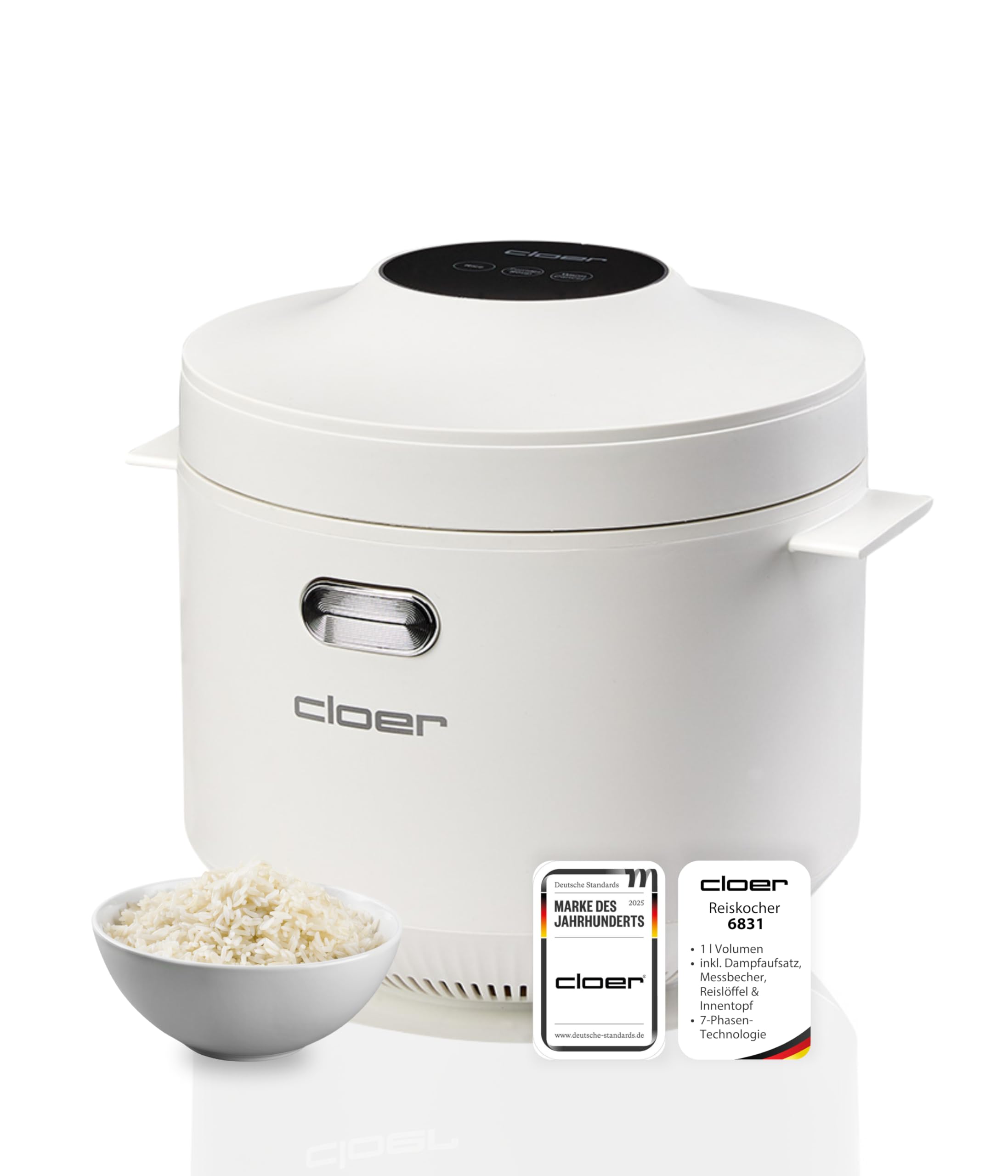 Cloer 6831 Reiskocher mit 1 l Fassungsvermögen, inkl. Dampfaufsatz & spülmaschinengeeignetem Innentopf, 7-Phasen-Technologie, Warmhaltefunktion bis 24 h, Signalton und Wasserstandsanzeige, 350 W