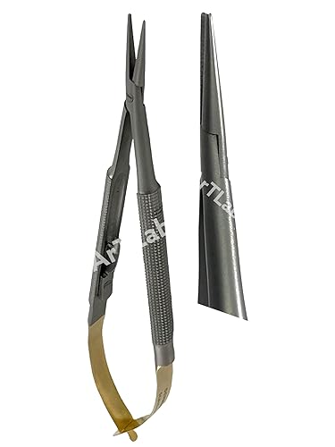 Miniatura 5 de CASTROVIEJO - Juego de 5 piezas de tijeras de microcirugía alemana de acero inoxidable para agujas rectas y curvadas más pinzas de atado de sutura