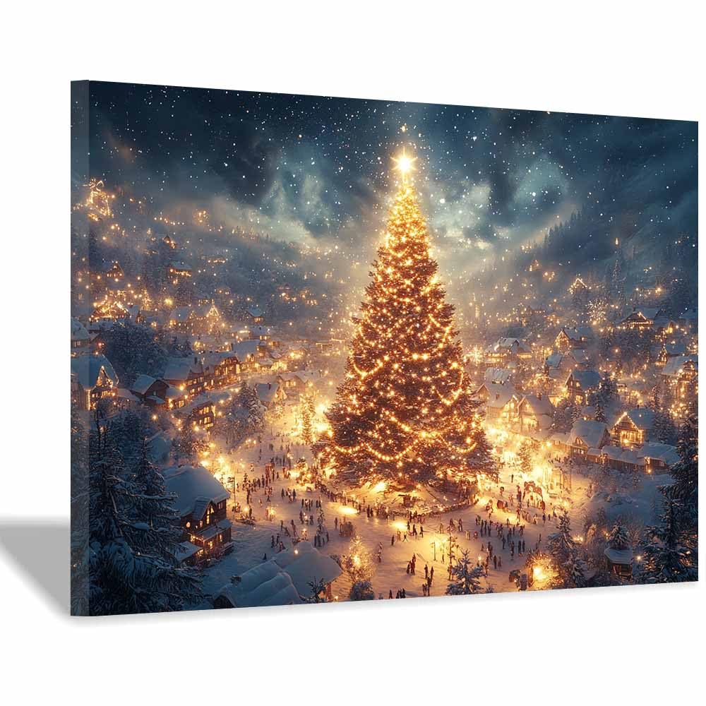 WQBQKKX Pictures Landscape Winter Poster On Canvas Christmas Tree Painting Picture Decorative Pictures Living Room Bedroom Hall (Gold 24-50x70cm Framed