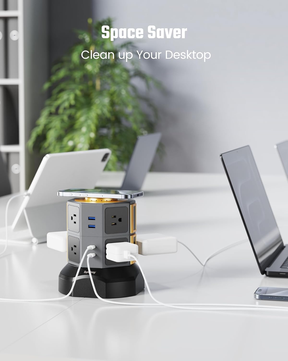 Power Strip Tower, SUPERDANNY Surge Protector Tower with 15W Wireless Charger, 1050J, 13A Charging Station with 12 AC Outlets & 6 USB Ports (2 USB C), 6.5ft Extension Cord for Home Office Dorm, Gold