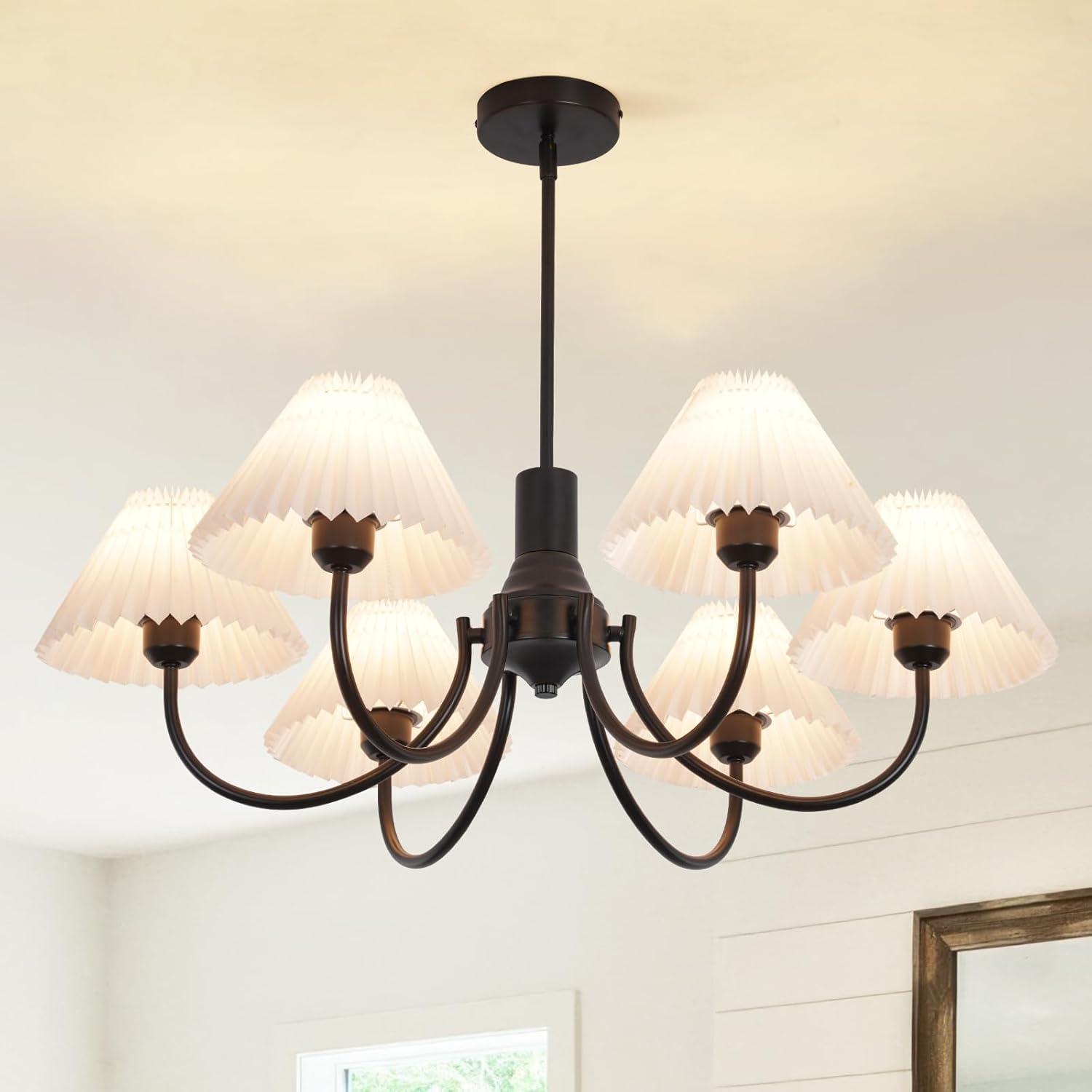 Modern Black Chandelier,6-Ligh Farmhouse Chandelier for Dining Room,Mid Century Hanging Lighting Fixture with White Pleated Fabric Shades for Living Room Bedroom Hallway Kitchen