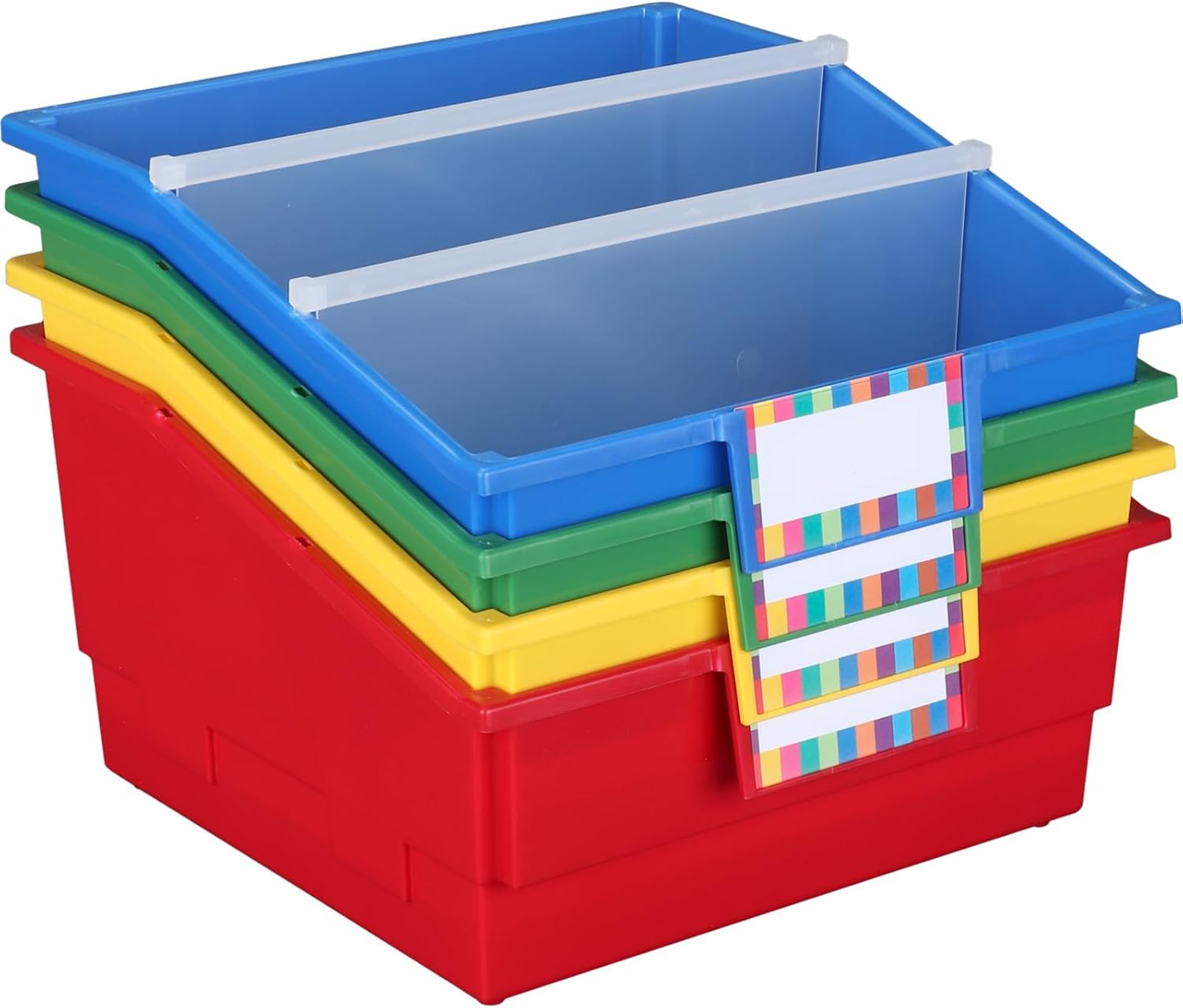 Really Good Stuff Large Plastic Book Organizer Bins – 4 Pack – Classroom Storage and Organization for Labeled Books and Supplies – Multi-Purpose Storage Bins with Dividers