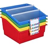 Really Good Stuff Large Plastic Book Organizer Bins - 4 Pack - Classroom Storage and Organization for Labeled Books and Supplies - Multi-Purpose Storage Bins with Dividers
