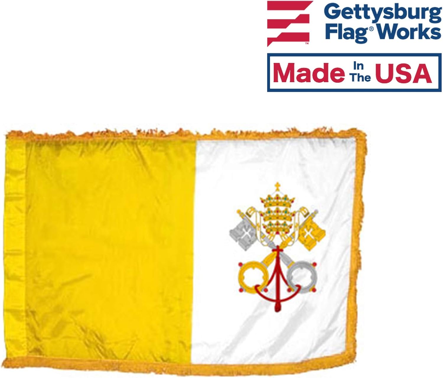 3x5' Vatican Papal Catholic Indoor Flag Set, Includes Indoor Flag, Base, Cross Finial and Decorative Cord and Tassel