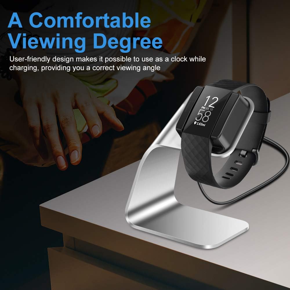 CAVN Charger Dock Compatible with Fitbit Charge 4 / Charge 4 SE (Not for Charge 3), Aluminum Charger Dock Replacement Charging Stand Station Cradle Base with USB Cable for Charge 4 Smart Watch(Silver)