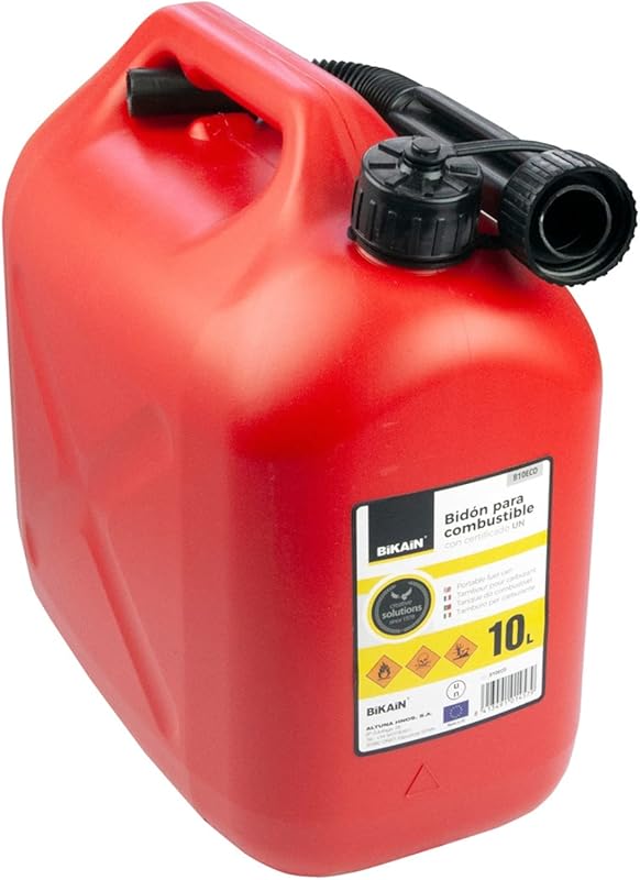Bikain - Jerrican Essence - 10 Litres - Bidon en Polyéthylène - Norme UN Pour Transport de Matières Dangereuses - Résistant aux Additifs de Carburant - Avec Tuyau - Modèle B10ECO