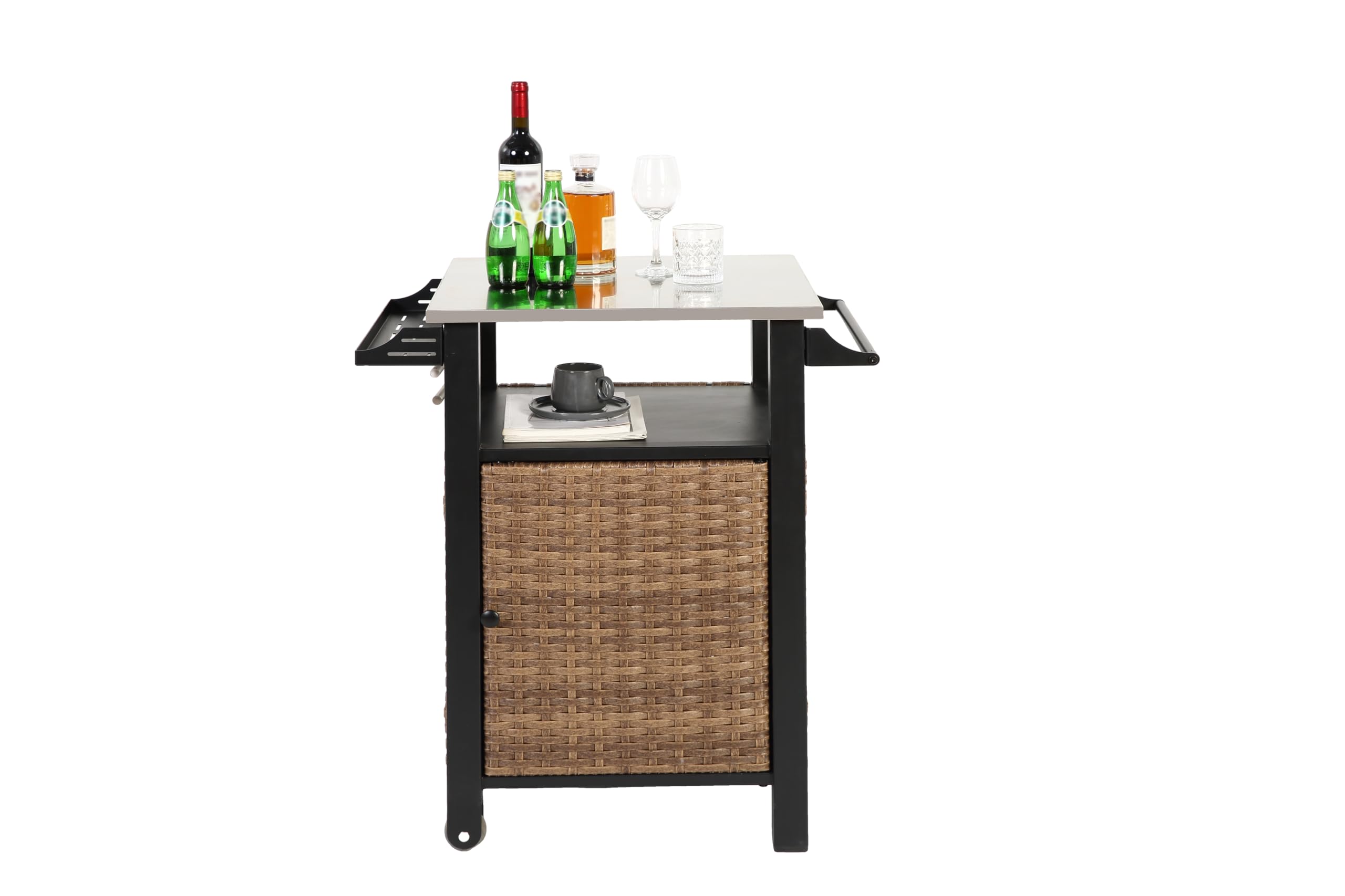 Carrello da portata in rattan con piano estraibile in acciaio inox, isola da cucina per esterni con armadio, cassetto, portabicchieri e apribottiglie, marrone